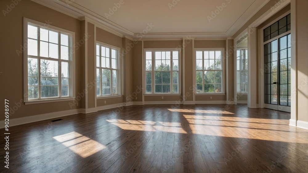 Fototapeta premium Sunlit empty room with large windows and hardwood floors 