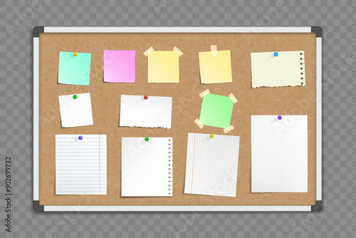 Office cork bulletin board template for business. With sheets of paper and stickers for notes. Mockup isolated on a transparent background. Vector illustration