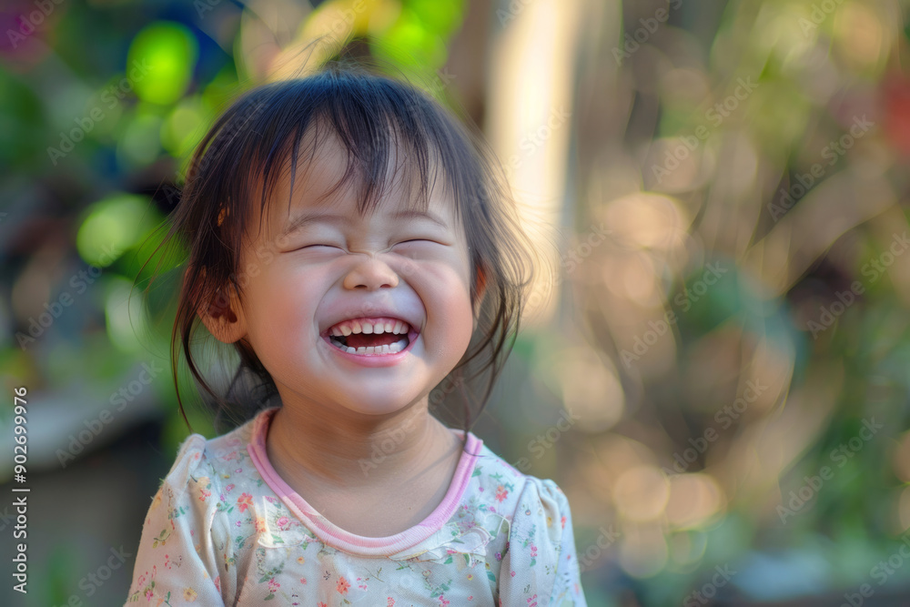 Close-up portrait of a little Asian girl laughing infectiously.
Close-up portrait of a little Asian girl laughing infectiously.
