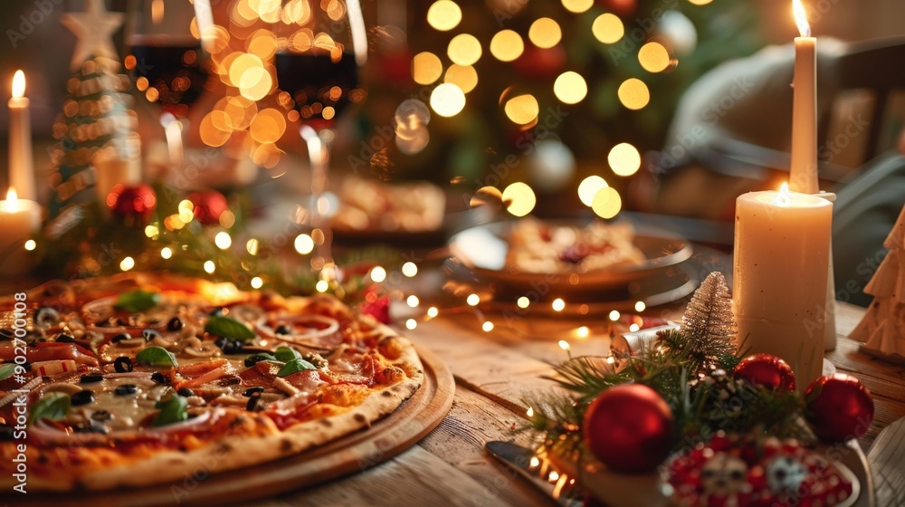 A festive pizza with seasonal toppings is the centerpiece, with holiday lights and decorations adding to the cheerful background. A festive pizza with seasonal toppings is the centerpiece, with holiday lights and decorations adding to the cheerful background.