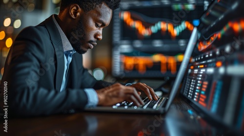 Business Professional Analyzing Financial Data On Laptop During Evening Hours In Office Setting