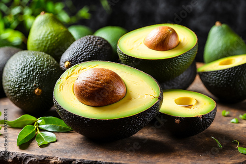 A pile of avocados with one cut open, highlighting the creamy texture and vibrant color avocado tree in the background