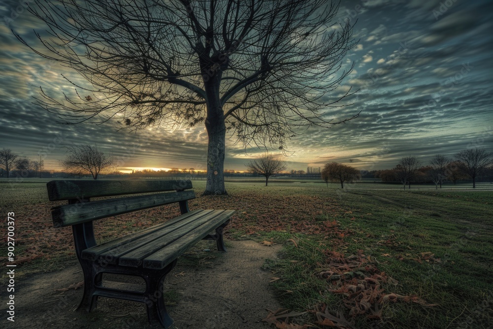 A wooden park bench sits in the middle of a green field, surrounded by wildflowers and tall grass A wooden park bench sits in the middle of a green field, surrounded by wildflowers and tall grass