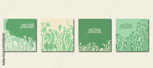 Minimal natural floral monochrome social media post templates. Abstract green botanical shapes flower background. Editable vector illustration, banner, poster