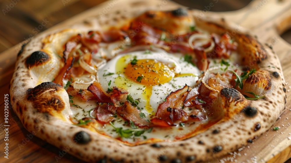 A pizza topped with pancetta, caramelized onions, and a poached egg is a gourmet twist on the classic, appealing to food enthusiasts. A pizza topped with pancetta, caramelized onions, and a poached egg is a gourmet twist on the classic, appealing to food enthusiasts.