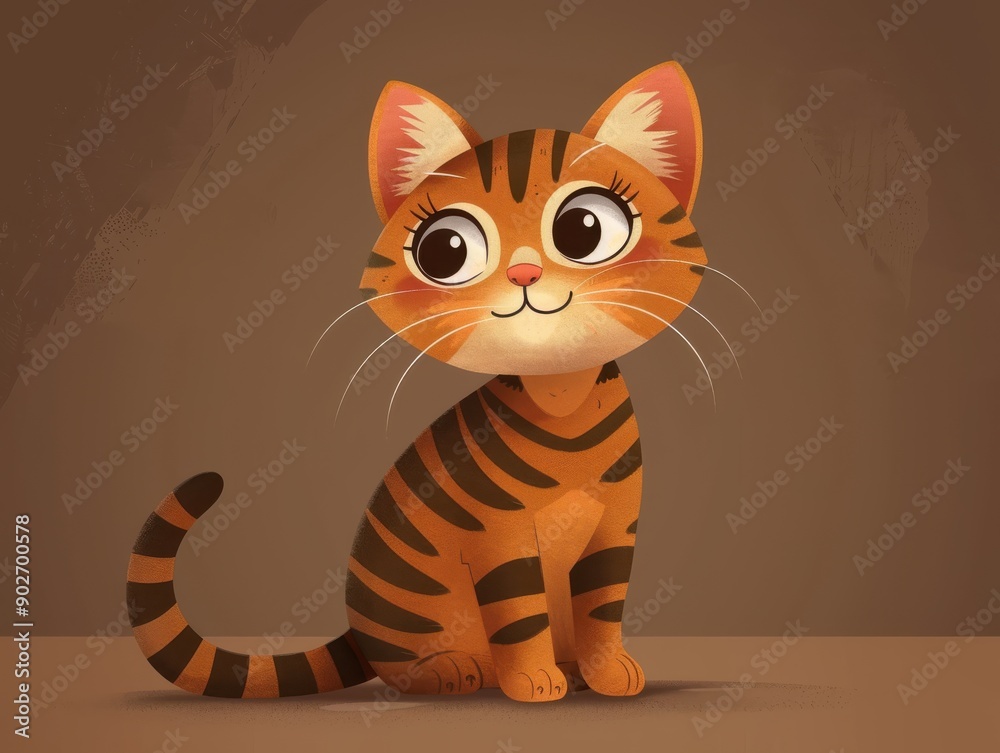 Obraz premium Adorable Cartoon Tiger Kitten Sitting on a Plain Background With Big Sparkling Eyes