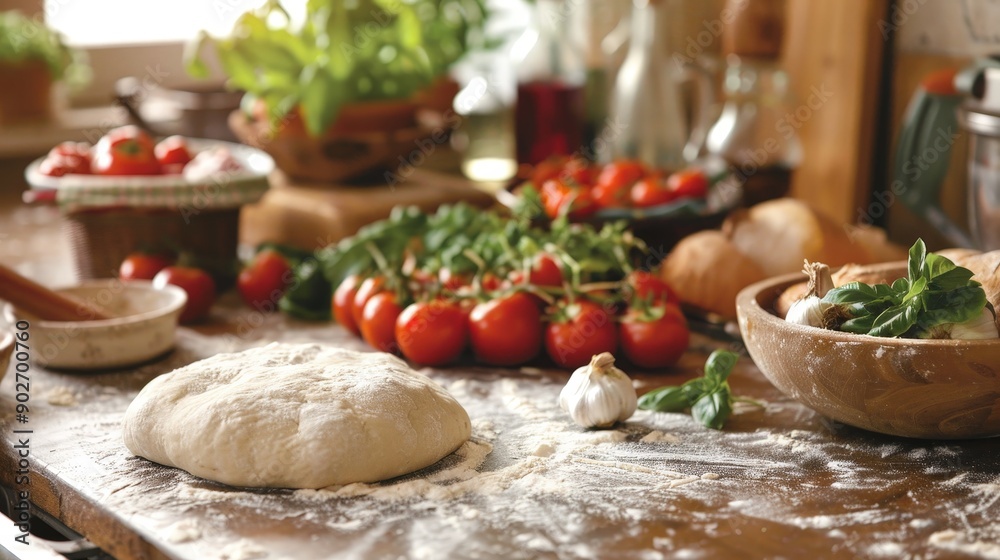 Envision a rustic Italian kitchen where a nonna is rolling out pizza dough. Envision a rustic Italian kitchen where a nonna is rolling out pizza dough.