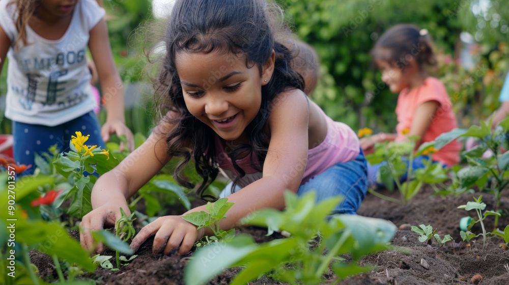 Children Smiling While Helping in the Garden, Planting Colorful Flowers Together Children Smiling While Helping in the Garden, Planting Colorful Flowers Together