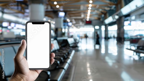 Wallpaper Mural Mockup of a blank smartphone, mobile phone screen held in hand, airport scene background blank screen in a shopping mall setting, showcasing mobile apps or digital content in a retail environment Torontodigital.ca