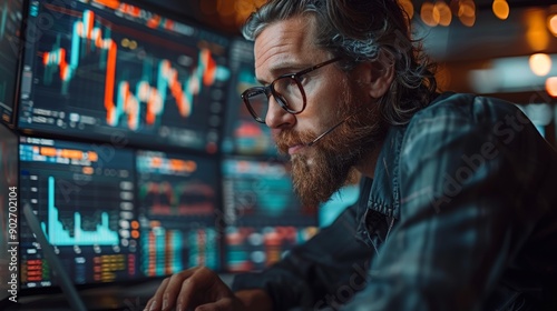 Dedicated Trader Analyzing Stock Market Trends at Workplace During Evening Hours