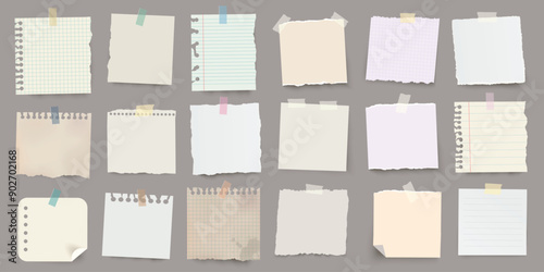 Large set of vintage vector realistic note papers with pin and adhesive tape with diffrent colors on transparent background.