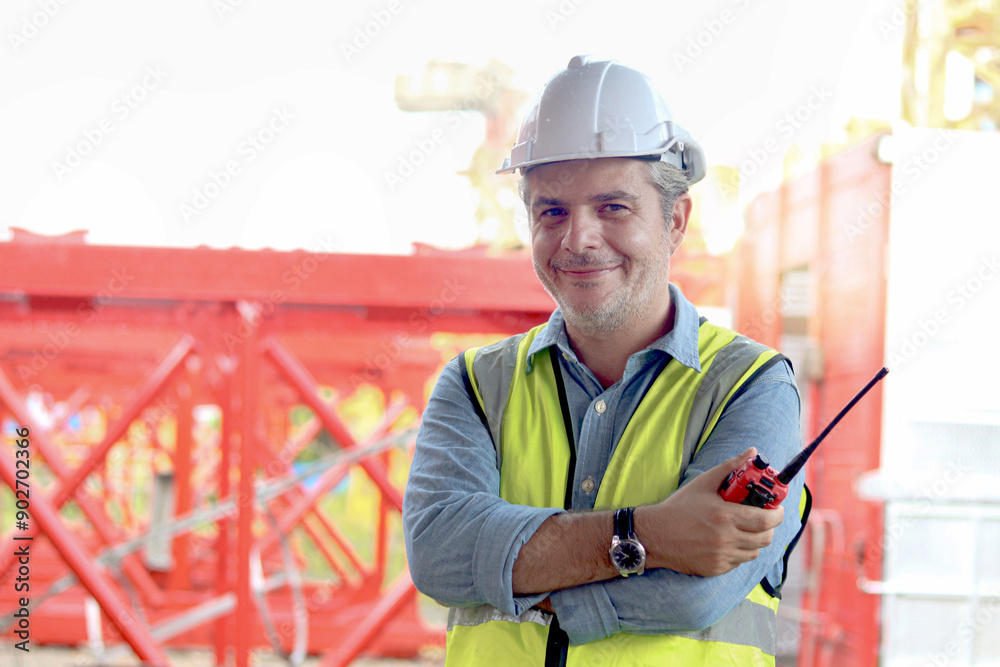 Portrait of senior worker engineer foreman with safety vest and helmet holds walkies talkie at construction site. Mature elderly architect builder working at ground level of building workplace. Portrait of senior worker engineer foreman with safety vest and helmet holds walkies talkie at construction site. Mature elderly architect builder working at ground level of building workplace.