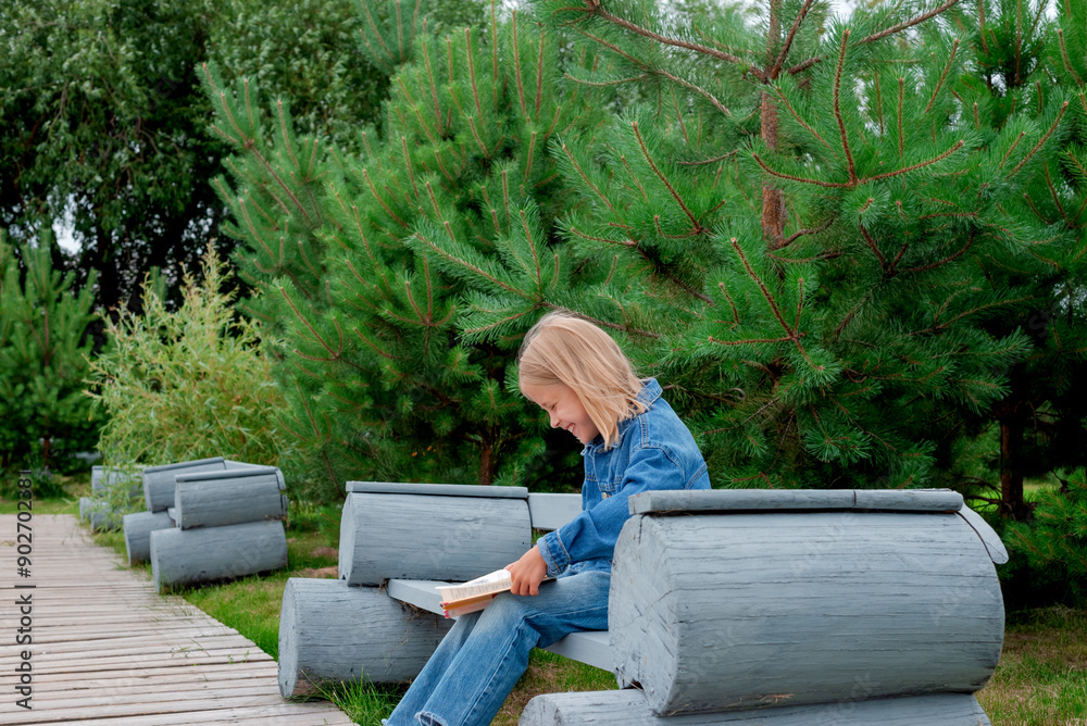 Fototapeta premium Laughing girl reading a book sitting on a park bench. Education and learning concept.