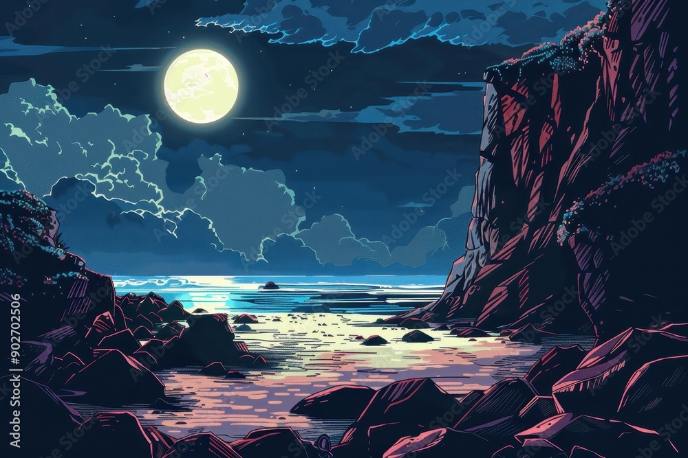 Fototapeta premium Rocky Beach Under Moonlight