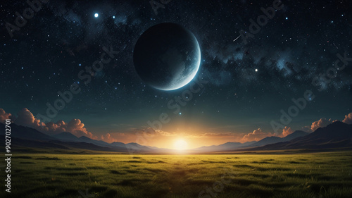 Amazing night open sky panoramic  field view