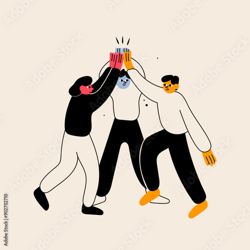 Group of happy people. Friends or coworkers giving high five with joy. Cartoon characters. Community, support, success, unity, friendship, teamwork concept. Hand drawn modern Vector illustration