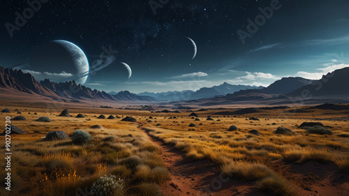Fantastic open field and mountains star sky landscape