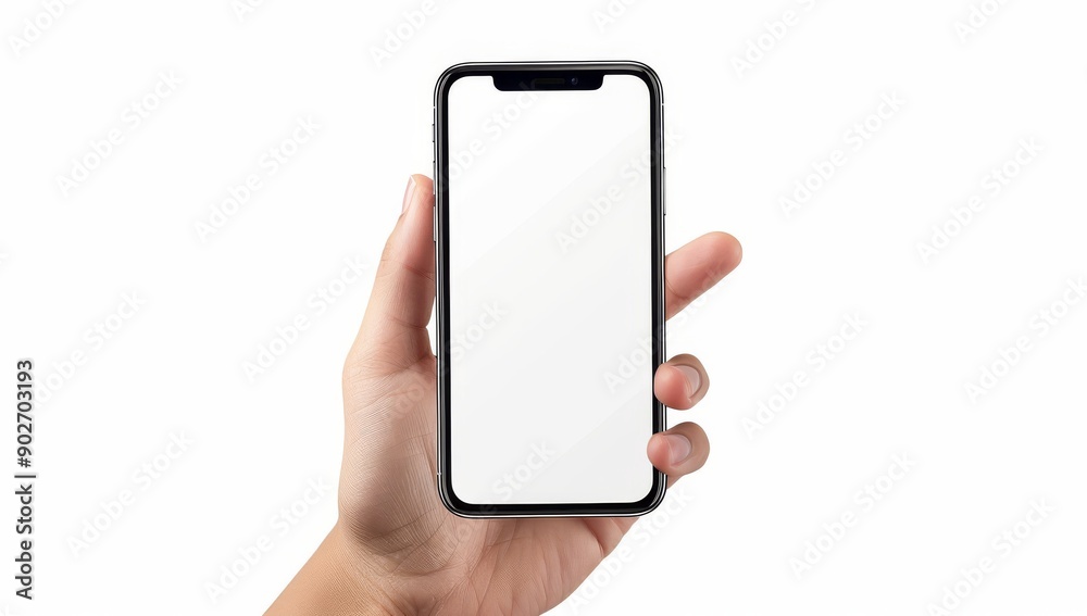 Mockup of a blank smartphone, mobile phone screen held in hand, background blank screen, showcasing mobile apps or digital content in a retail environment