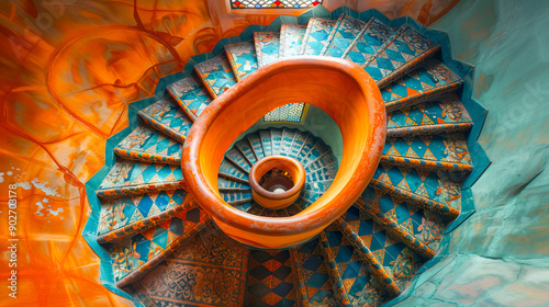 Spiral staircase showing colorful tiles in gaudi house museum