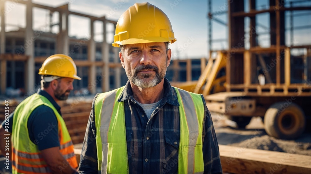 Male construction worker with hard hat on building site
Male construction worker with hard hat on building site