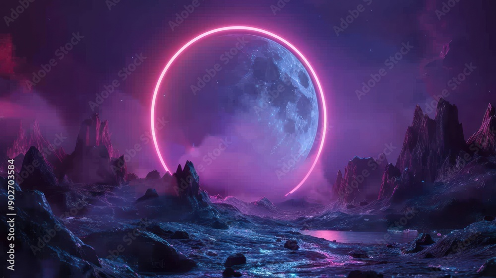 3d render, abstract neon background, mystical cosmic landscape, pink blue glowing ring over terrain 3d render, abstract neon background, mystical cosmic landscape, pink blue glowing ring over terrain