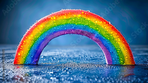 Colorful rainbow standing on wet surface with water droplets