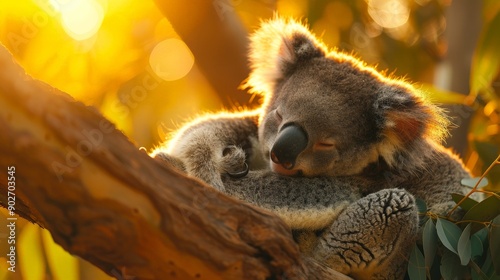 A baby koala sleeping in a tree, illuminated by morning sunlight photo