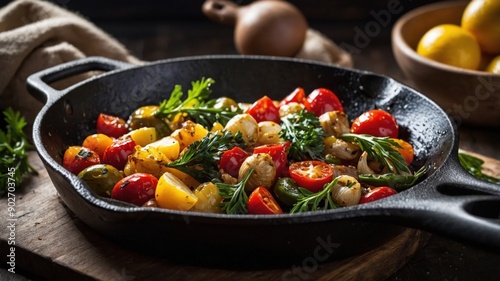 Roasted vegetables in cast iron skillet on rustic table 