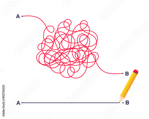 Complex and easy simple way from point A to B vector illustration. Chaos simplifying, problem solving and business solution searching challenge concept. Hand drawn doodle scribble chaos path lines.