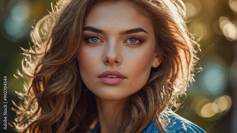 Beautiful woman with wavy hair in natural light
