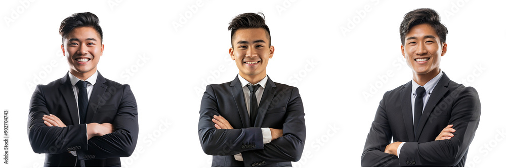 Set of Young handsome Asian man in a tailored suit, smiling confidently with crossed arms isolated on transparent background (2) Set of Young handsome Asian man in a tailored suit, smiling confidently with crossed arms isolated on transparent background (2)
