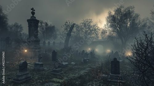 Eternal Slumber: A haunting graveyard shrouded in an ethereal mist, ancient tombstones standing sentinel beneath a somber twilight sky.