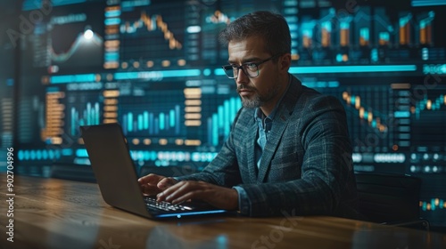 Business Professional Analyzing Financial Data on Laptop in Modern Office During Evening Hours