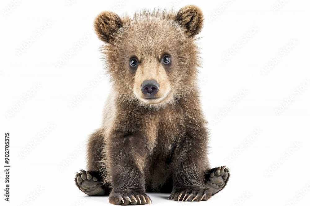 Cute little bear cub is sitting on a white background isolated
