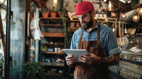 Bearded man wearing red cap and apron using a tablet in a cozy shop. © FutureAI