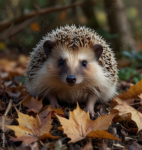Hedgehog (Scientific name: Erinaceus Europaeus) wild, native, European hedgehog hibernating in natural woodland habitat. Curled into a ball in fallen Autumn leaves. Winter sleeping - hibernation See L