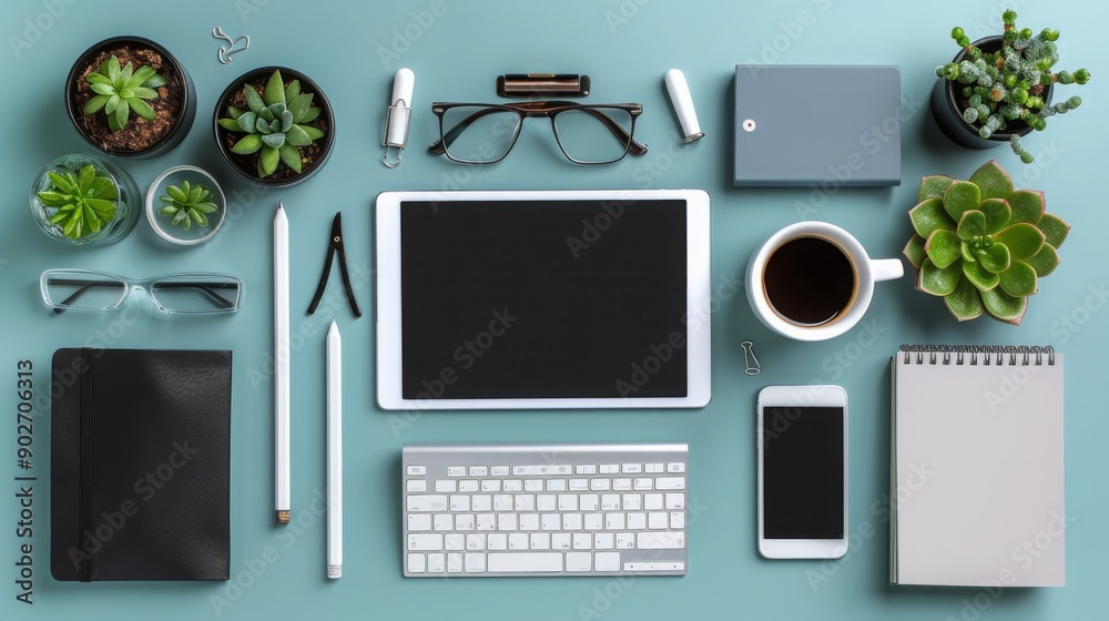 Flat lay of a work desk with a tablet, smartphone, coffee cup, and stationery, clean and minimalistic design Flat lay of a work desk with a tablet, smartphone, coffee cup, and stationery, clean and minimalistic design