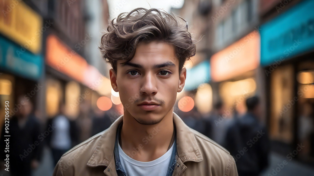 Fototapeta premium Portrait of a young man with fashionable haircut in a shopping district. 