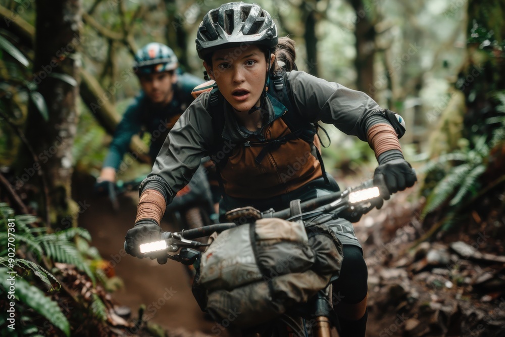 A cyclist intensely focuses on riding through a dense forest, tackling a dirt path with determination and skill, amidst lush greenery and challenging terrain.
