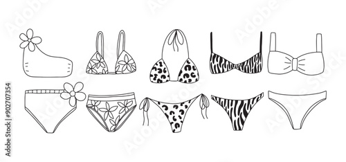 Set of hand drawn female swim suits and bikini. Vector swimming suits sketch set
