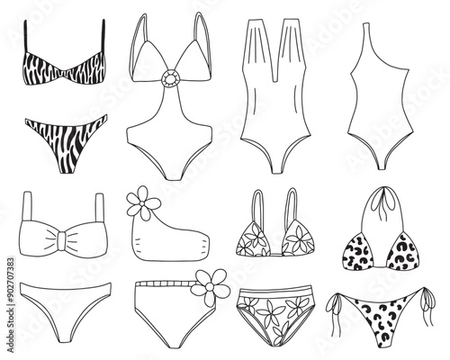 Set of hand drawn female swim suits and bikini. Vector swimming suits sketch set