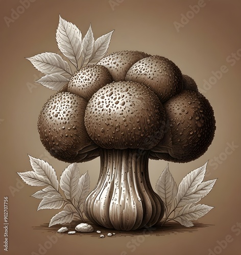 Drawing UMBER-BROWN PUFFBALL. Hand drawn illustration. The Latin name is LYCOPERDON UMBRINUM PERS.
 photo