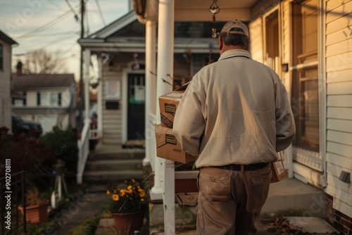 Wallpaper Mural A delivery worker in uniform carries packages to a suburban house's doorstep, signifying the role of delivery services in modern-day logistics and convenience. Torontodigital.ca