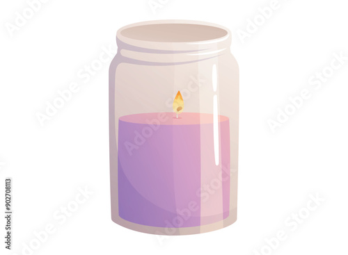 Decorative interior aromatic wax candle with flame in glass jar. Vector isolated cartoon illustration.