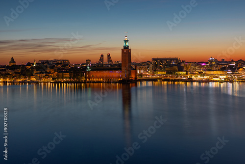 Night panorama of Stockholm at sunset beautiful sky photo