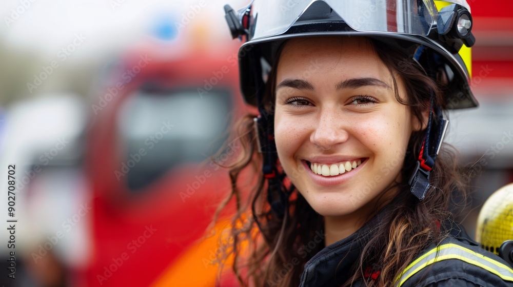 Portrait of young woman firefighter standing in front of firetruck. Portrait of young woman firefighter standing in front of firetruck.