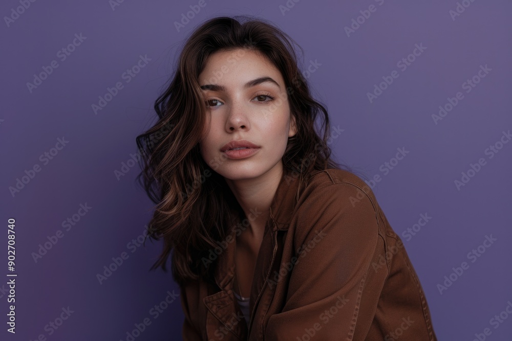 Young woman sitting on purple surface, possibly artistic or symbolic representation