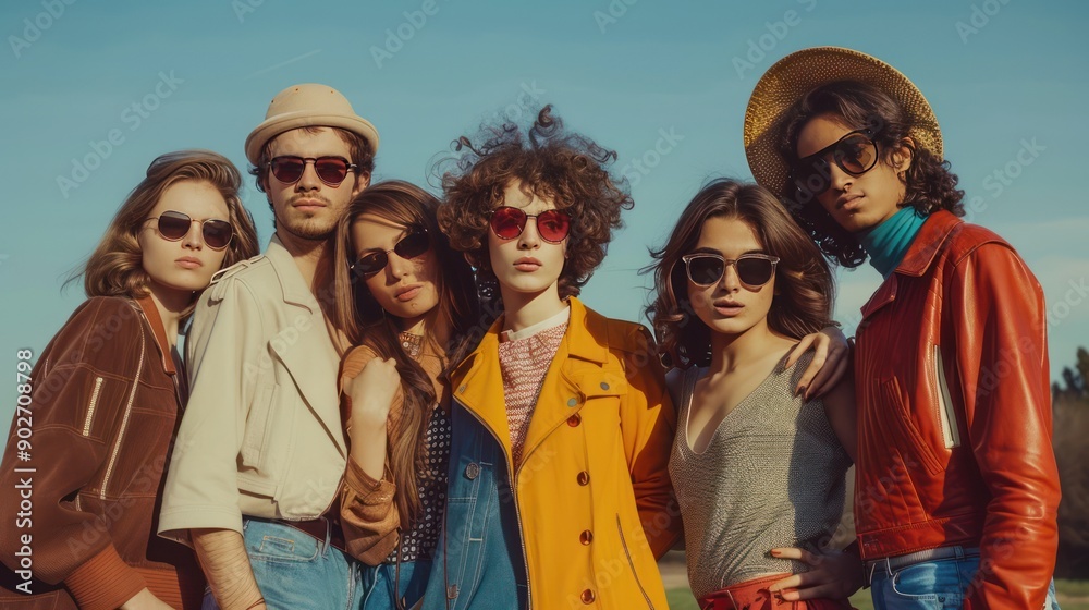 A group of friends dressed in 1970s fashion, posing together A group of friends dressed in 1970s fashion, posing together