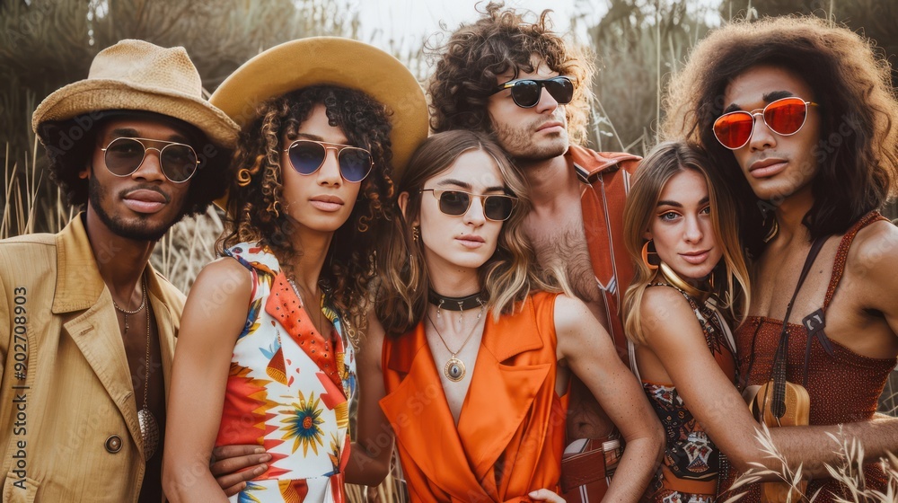 A group of friends dressed in 1970s fashion, posing together A group of friends dressed in 1970s fashion, posing together