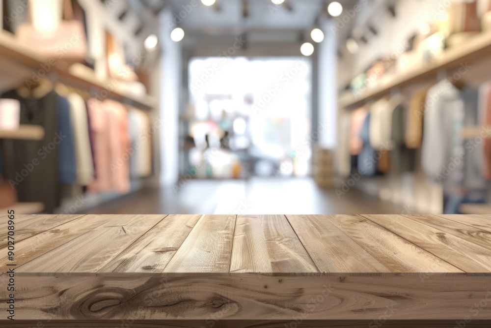 A wooden table with clothes and accessories displayed on it, found in a clothing store A wooden table with clothes and accessories displayed on it, found in a clothing store